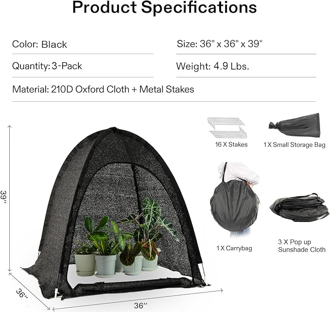 Porayhut Pop up Sunshade Cloth Pack of 3,Easy Open Crop Shade Net 36''*36''*39''UV Resisitant Plant 80% Sunblock Net for Mini Flower Pot with Stakes