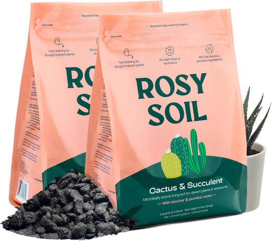 Rosy Soil Cactus and Succulent Potting Soil Mix for Houseplants - Fast Draining Organic Potting Soil for Succulents, AloeVera, Indoor Plant - Root Boosting for Drought Tolerant Growth, Pack of 2
