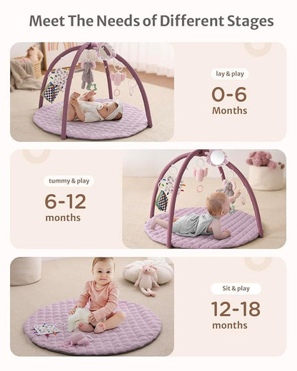 Blissful Diary Baby Play Gym Mat, Tummy Time Activity Mat with 6 Detachable Toys for Stage-Based Sensory & Motor Skill Development, Easy to Install & Clean, Baby Essentials Gift, Lavender Pink