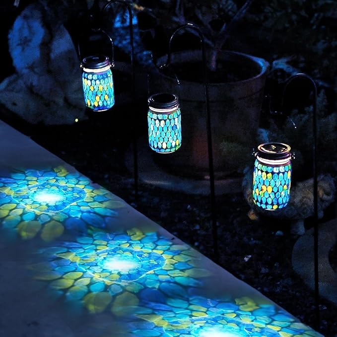 Cooo 2 Pack Mosaic Solar Lanterns Outdoor Waterproof Jar Lights Solar Powered, Hand Paste 141 Crystal Mosaics Table Hanging Garden Backyard Decor Lamps （Just Little More, Get Double The Delight ）