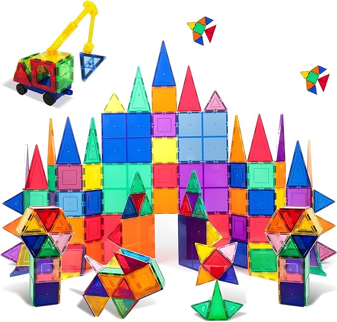 60PCS Kids Magnetic Tiles with 1 Car and 1 Crane - Clear 3D Magnet Blocks Set STEM Stacking Toys - Magnetic Tiles for Kids Ages 3+ - Recreational Conventional Imagination