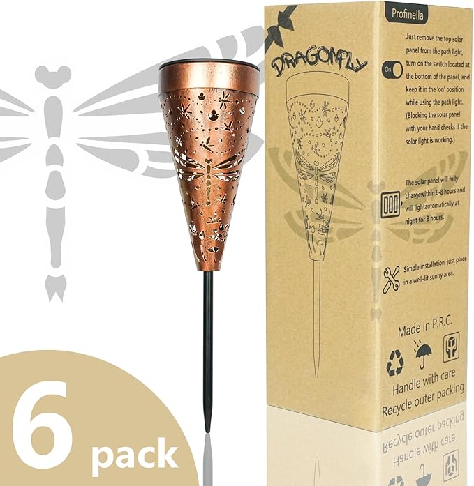 6-Pack Dragonfly Outdoor Decor Solar Pathway Lights, Metal Landscape Lighting for Garden, Lawn, Yard, Patio, Backyard, Pathway, Walkway – gifts for Mother, Women, Men, Grandmother, Grandfather