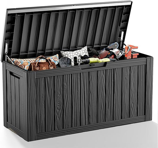 80 Gallon UV Resistant Outdoor Storage Box Waterproof, Lockable Resin Deck Box for Garden Tools, Sports Equipment and Cushions, Black