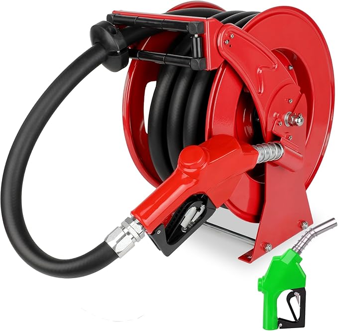 Fuel Hose Reel with Fueling Nozzle, 1" x 33FT Retractable Diesel Hose Reel, 300 PSI Industrial Heavy Duty Auto Swivel Rewind Hose Holder Reels, for Vehicle Tank Truck Trailer Ship