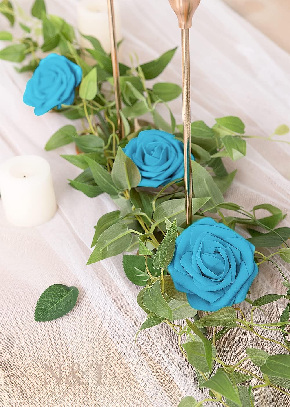N&T NIETING Artificial Flowers, 25pcs Fake Flower Roses with Stem for DIY Wedding Bouquets Centerpieces Bridal Baby Shower Party Home Decoration, Blue