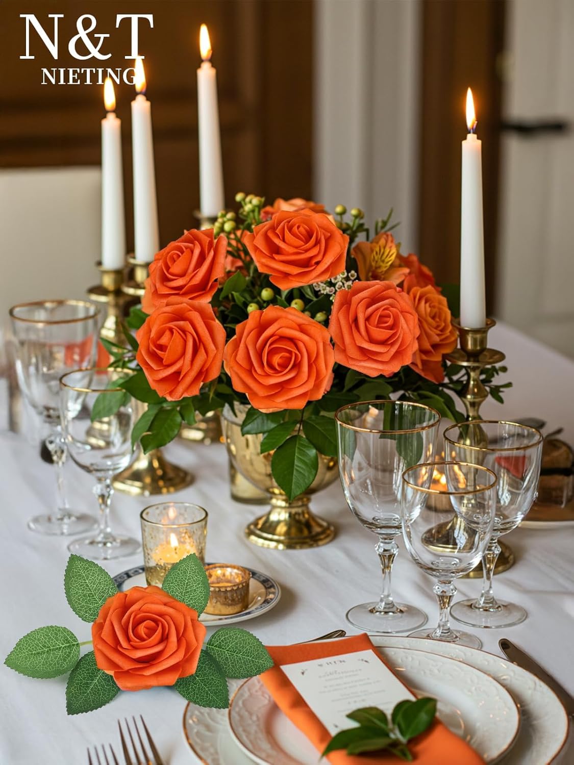N&T NIETING Artificial Fall Flowers Fake Flowers Orange Roses Perfect for DIY Wedding Bridal Bouquets Centerpieces Bridal Shower Party Home Flower Arrangement Thanksgiving Decorations, 25Pcs