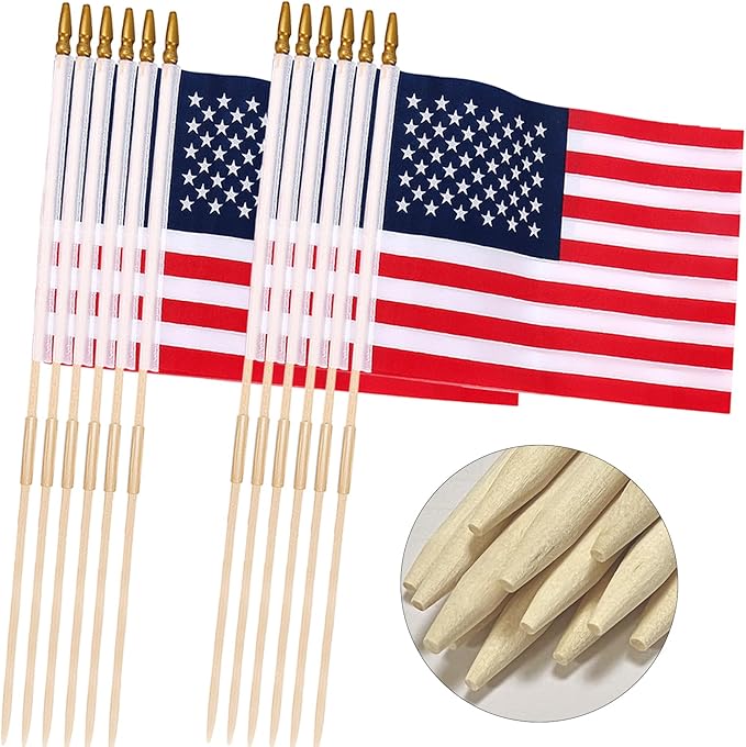 50 Pcs 12x18 Inch American Flags on Stick, American Flags, USA Stick Flag with Handheld and Grounded Multi-Purpose Flagpole, Design for Memorial Day, 4th of July, Veterans Day