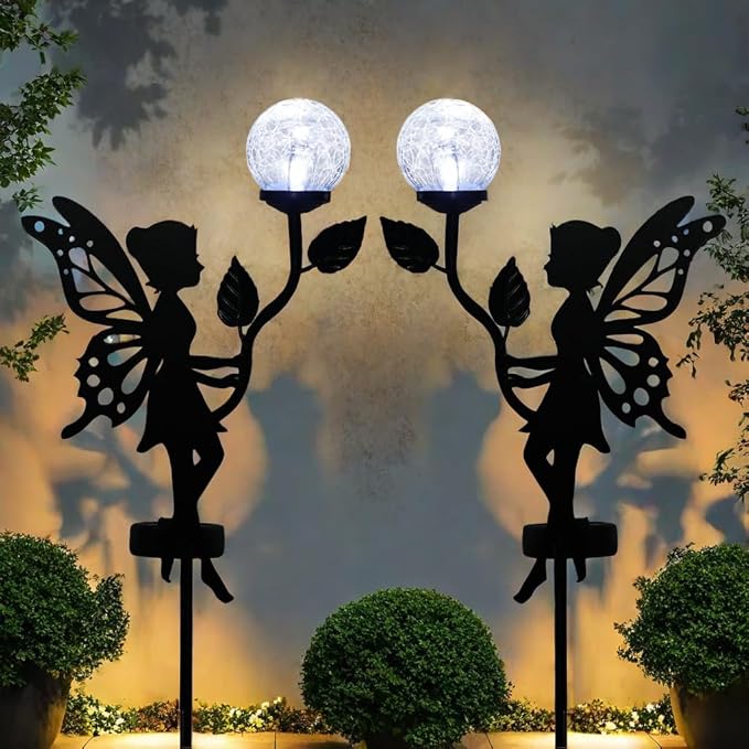 2 Pack Solar Fairy Garden Decor, Metal Fairy Statues with Crackle Glass Globe Solar Garden Lights Outdoor Silhouette Waterproof for Lawn Patio Yard Pathway Gardening Gifts
