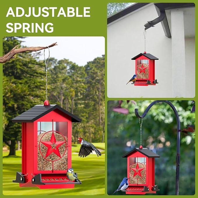 Squirrel Proof Bird Feeder for Outdoors Hanging, Metal Wild Bird Seed Feeder with Bilateral Weight-Activated Perches, 5LB Large Capacity Wild Bird Feeders for Outside Finch, Cardinal, Blue Jay