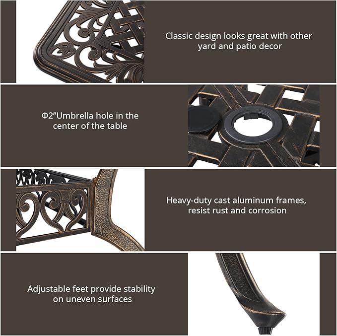 Outvita 59inch Patio Dinning Table, Outdoor Cast Aluminum Large Rectangle Table with Umbrella Hole and Antique Design for Backyard Pool Balcony Deck