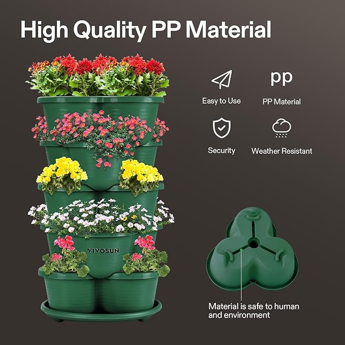 VIVOSUN 5 Tier Vertical Gardening Stackable Planter for Strawberries, Flowers, Herbs, Vegetables, Dark Green