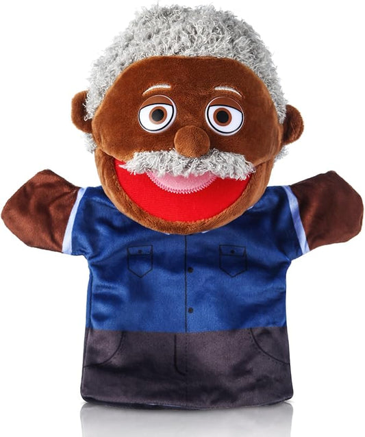 1 Pcs Family Hand Puppets 12 Inch Grandparents Mom Dad Brother Sister Plush Hand Puppet Toys Role-Play Toy Puppets for Kids Storytelling Imaginative Pretend Play Teaching Preschool(Black Grandfather)