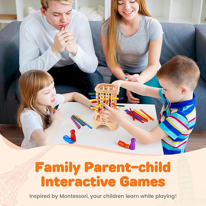 Montessori Wooden Board Game, Educational Toys for 3 4 5 6 Year Old, Board Games for Kids with Colorful Sticks, Math Game Fine Motor Skills Toys, Family Travel Games for Kids and Adults Gifts for 3+