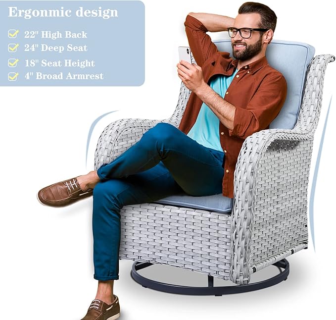 Wicker Outdoor Furniture Patio Furniture Set - 6 Piece Patio Conversation Set with Swivel Rocker Chairs, Rattan Sofa, Ottomans and Coffee Table, Baby Blue Cushion