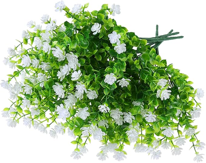 Artificial Plants Flowers Grass Shrubs 8 Pack No Fade Faux Plastic Flowers Outdoor for Vases Farmhouse Garden Porch Patio Office Indoor Wedding Decoration Greenery Fake Plants (2#White)