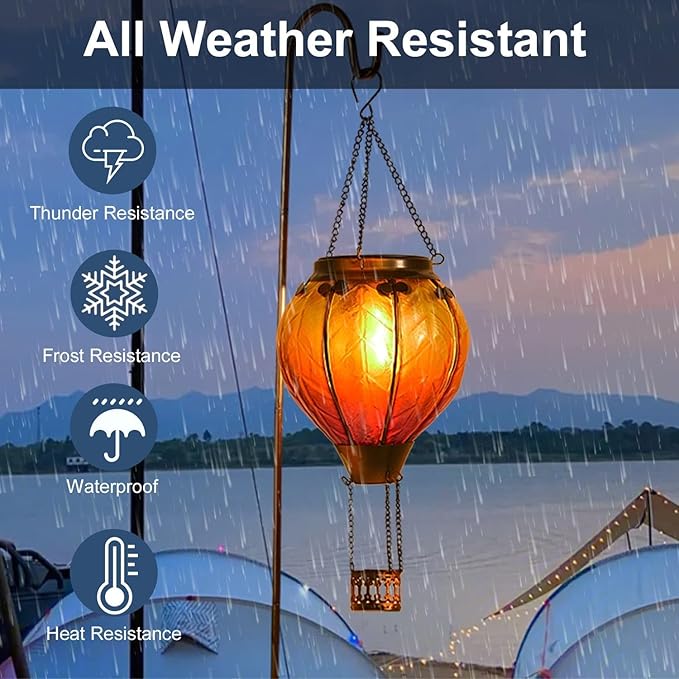 pearlstar Hot Air Balloon Solar Lantern with Flickering Flame Light Outdoor Solar Hanging Lights Waterproof for Garden Yard Farmhouse Patio Outside Decoration, Stained Glass Gradient Orange