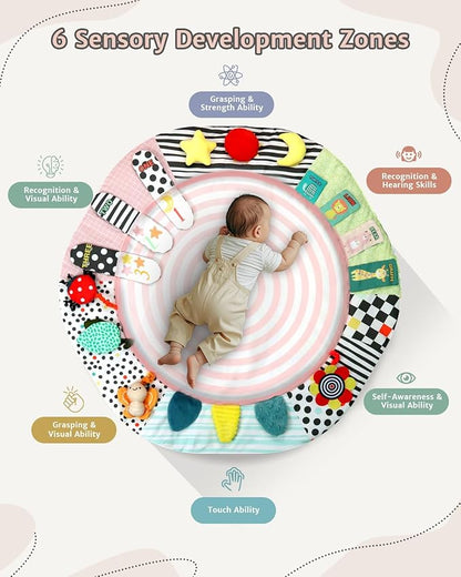 Baby Play Mat Activity Gym,6 Developmental Zones Tummy Time Mat, Wooden Baby Play Gym with 7 Detachable Sensory Toys for Newborn Brain Development, Essential Baby Shower Set, Pink
