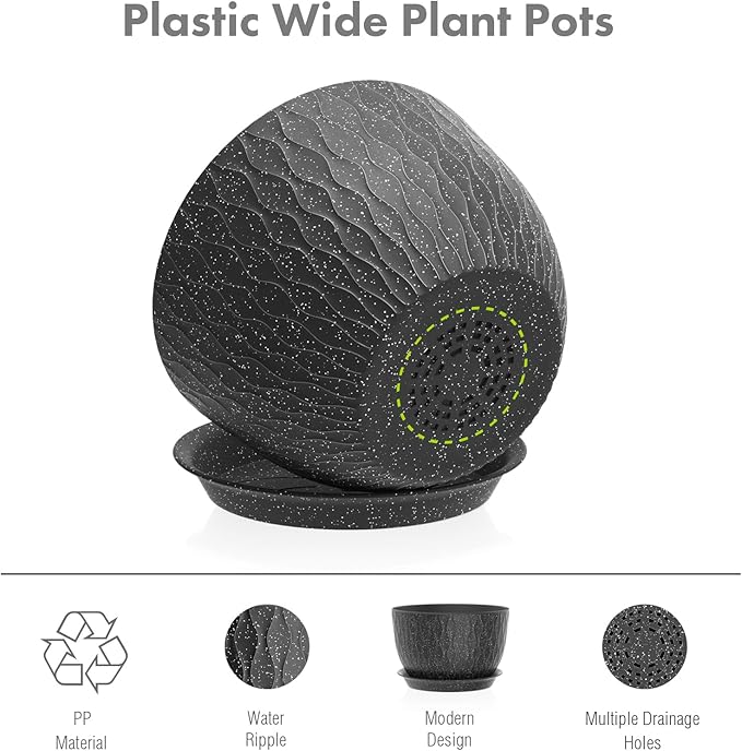 12/10/9 inch Large Flower Pots, 3 Set Big Plant Pots for Outdoor Indoor Plants with Water Ripples, Wide Plastic Planters with Drainage Holes and Saucers for Garden House Plants, Speckled Black