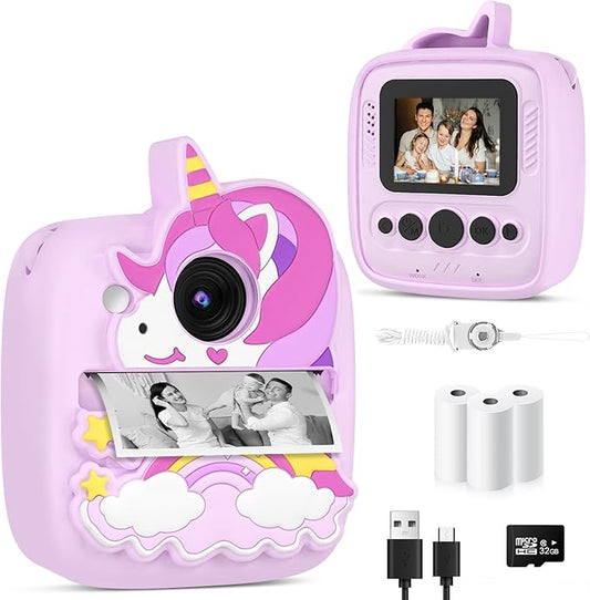 Kids Camera Instant Print, Christmas Birthday Gifts for Gils Age 3-8, 48MP &1080P Children Camera with Silicone Cover, Portable Toy Instant Camera for Kids 3 4 5 6 7 8 9 10 Year Old Girls