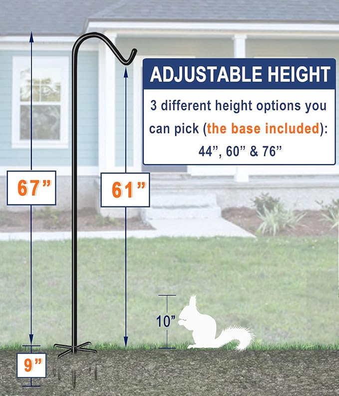 Shepherds Hook for Outdoor Bird Feeders Pole 76 Inch Tall, Adjustable Heavy Duty Garden Hanger Stake Pole with 5 Prong Base, Shiny Black (2 Packs)