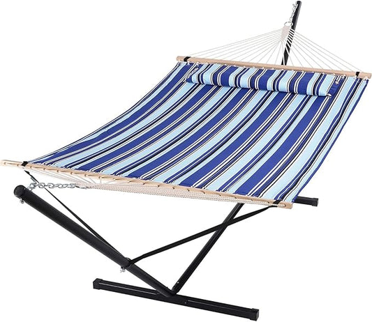 SUNCREAT Two Person Hammock with Stand Heavy Duty, Free Standing Hammocks Outdoors for 2 Person, Max 475lbs Capacity, Blue Stripes