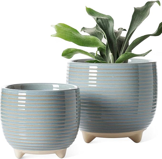 LE TAUCI Ceramic Plant Pots, 5.1 + 6.4 Inch Footed Pots for Plants, Modern Flower Pots for Home and Office, Indoor Planters with Drainage, Reactive Glaze Gray