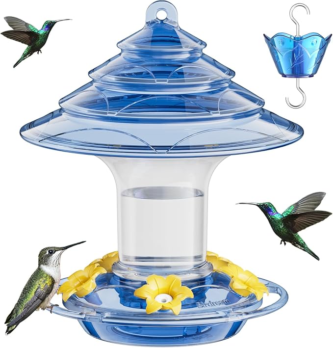 Birdream Hummingbird Feeder for Outdoors Hanging, 20oz Hummingbird Feeders with 5 Bee Guard Feeding Ports & Built-in Ant Moat Brush Leak-Proof for Outside Gifts for Women - Blue