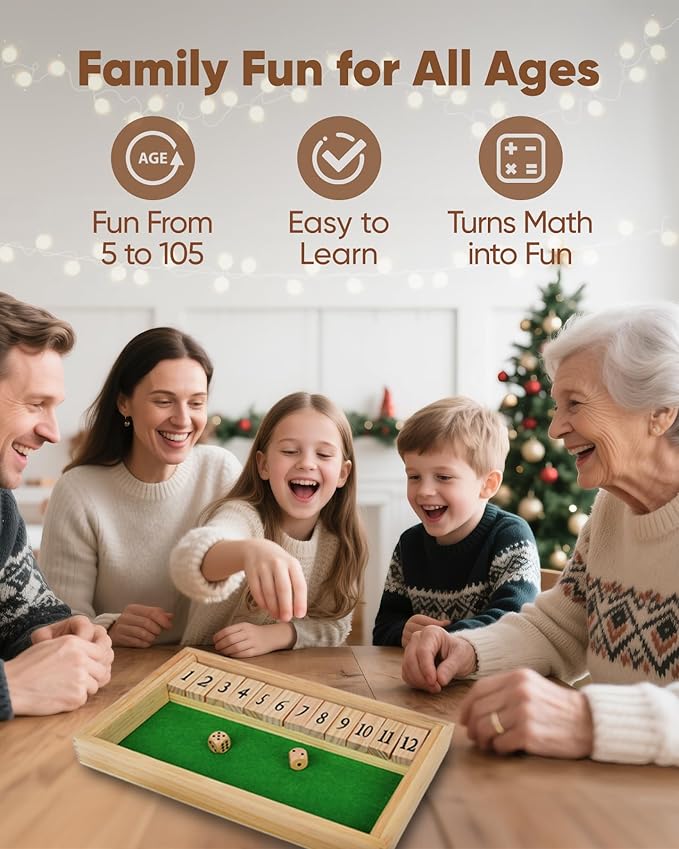 Original 12 Numbers Shut The Box Game, Math Dice Board Game for Family Night, Camp, Wooden Classic Tabletop Gift for Group Kid Adult Senior, Travel Party Bar, Easy Quick and Fun, Portable Style