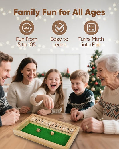 Original 12 Numbers Shut The Box Game, Math Dice Board Game for Family Night, Camp, Wooden Classic Tabletop Gift for Group Kid Adult Senior, Travel Party Bar, Easy Quick and Fun, Portable Style