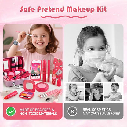 Girl Gift Pretend Makeup for Toddlers 3-5 4-6, Fake Makeup Set with Cat Commetic Case, Play Makeup for Kids Age 3 4 5 Year Old, Toddler Make Up Kit for Little Girls Birthday