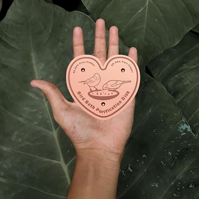 2-Pack 99.99% Pure Copper Bird Bath Purification Disk,Copper Disc with Stable Triple-Point Support,Fits All Outdoor Bird Baths(Heart-Shaped&Round)