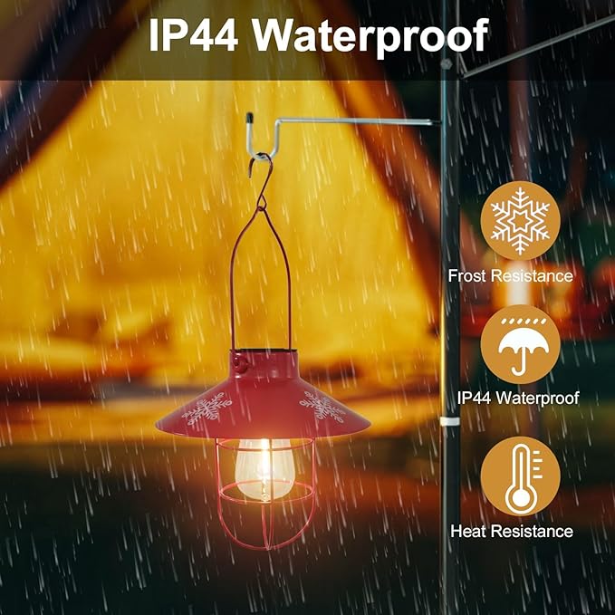 pearlstar Solar Lantern Outdoor Hanging Light Metal Solar Lamp with Warm White Edison Bulb Design for Christmas Holiday Home Garden Yard Patio Proch Decor (Red)