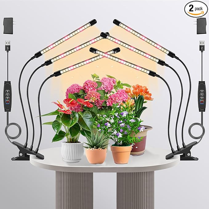 Full Spectrum LED Grow Light for Indoor Plants, 3Heads Grow Lights for Seed Starting, 10 Dimmable Levels & 3 Timer Modes (3/9/12H), Adjustable 360° Gooseneck with Clip, Plant Grow Light 2 Pack