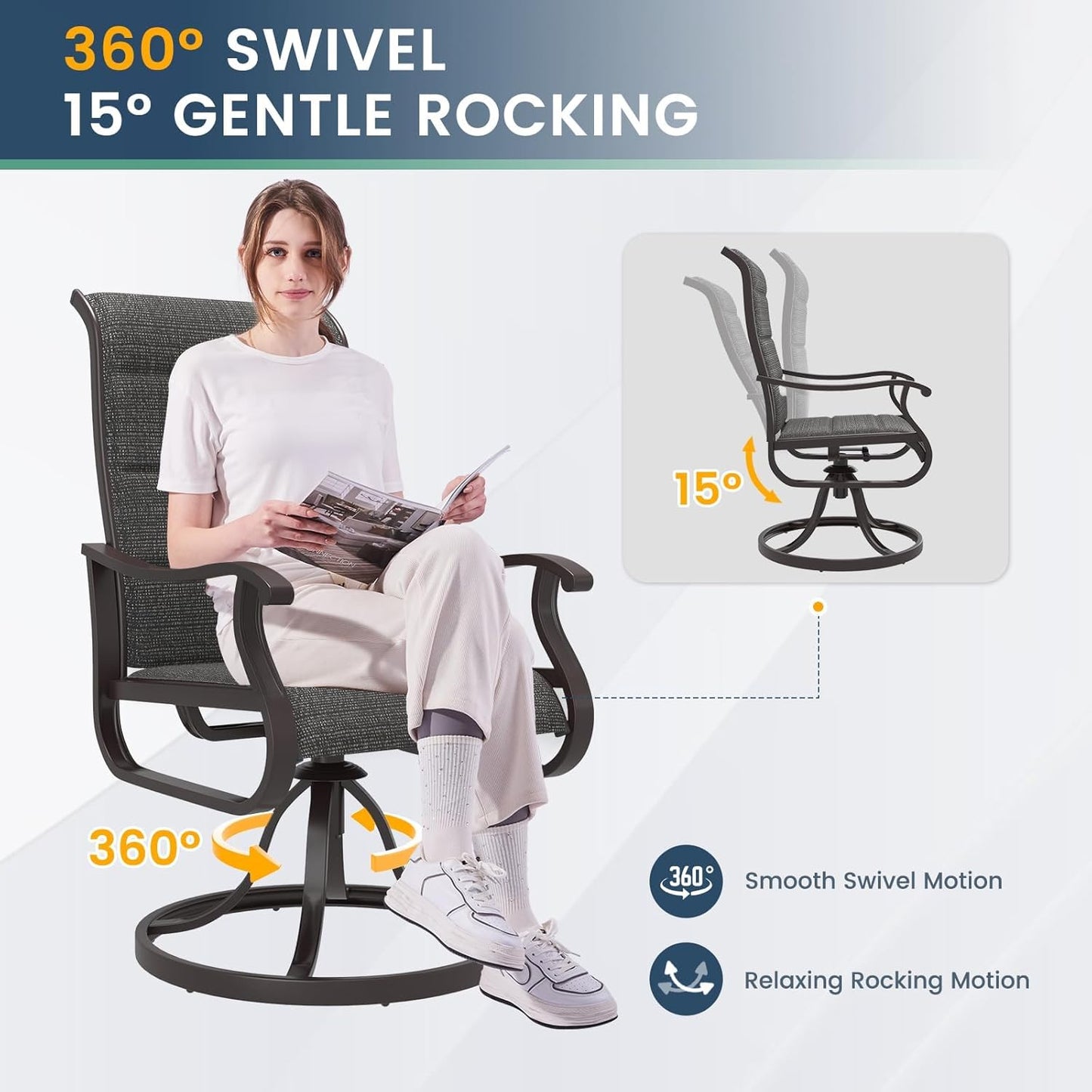 Amopatio Padded Patio Swivel Chairs Set of 8, Outdoor Dining Chairs with Ultra Soft Textilene High Back Seat & Metal Rocker Frame, for Backyard Deck Lawn Garden, Dark Grey