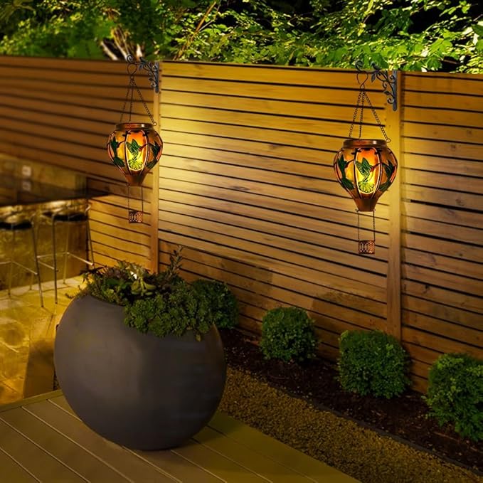 pearlstar Hot Air Balloon Solar Lantern with Flickering Flame Light Outdoor Solar Hanging Lights Waterproof for Garden Yard Farmhouse Patio Pathway Outside Decoration,Glass(Hummingbird)