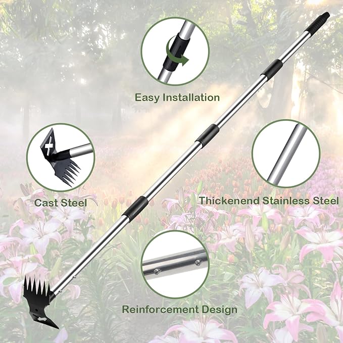 Weed Puller Tool with Long Handle - 60" Manual Weeder Remover Tool, 2 in 1 Hand Weed Rake and Garden Hoe for Gardening, Heavy Duty Uprooting Weeding Pull for Yard, Lawn, Patio and Garden