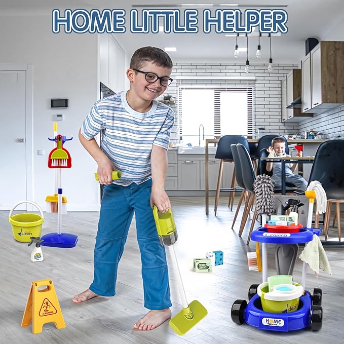 Kids Cleaning Set for Toddlers Pretend Play Housekeeping Supplies Kits with Real Working Vacuum Cleaner, Broom, Spray Bottle, Dust Pan and More Role Play Educational Toys for Toddler Boys Girls (Blue)