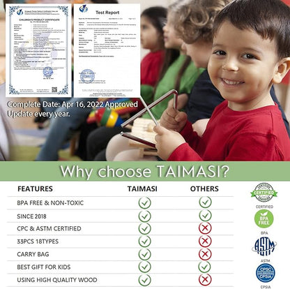 Kids Musical Instruments, 33Pcs 18 Types Wooden Percussion Instruments Tambourine Xylophone Toys for Kids Children, Preschool Education Early Learning Musical Toy for Boys and Girls