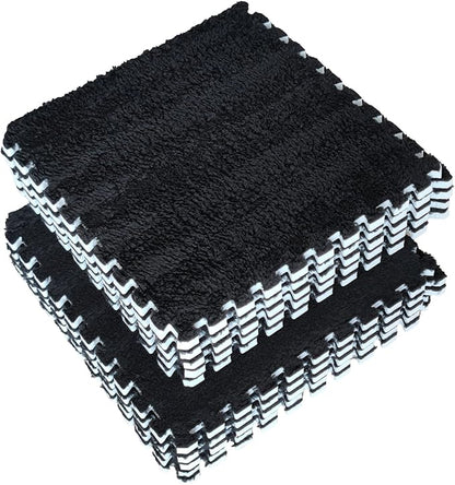 16pcs 0.6" Thickened Interlocking Tile Mats,Fluffy Shaggy Soft EVA Foam Area Rug for Living Room & Bedroom,Non-Slip Protective Floor Carpet Play Mat Kids Baby Dorm Home Decor (11.8ft, Black)
