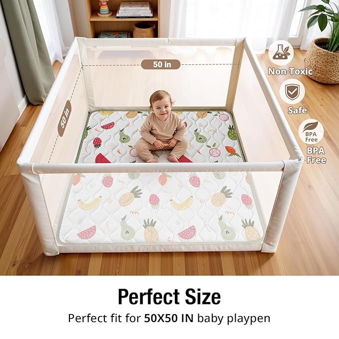 50x50 Playpen Mat, PIGLOG 0.8 Inch Thick Foam Baby Play Mat for Floor, Soft Fabric Cushioned Play mat for Babies，Washable Non-Slip Playmate for Baby, Infants & Toddlers (Milky White)