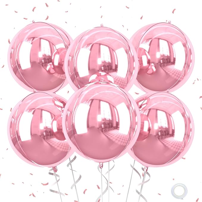 Giant 4D Pink Foil Balloons, 6Pcs Large Metallic Pink Round Balloons, 22 Inch Big Round Foil Balloon for Pink Birthday Party Baby Shower Wedding Decorations