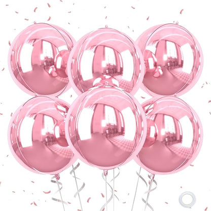 Giant 4D Pink Foil Balloons, 6Pcs Large Metallic Pink Round Balloons, 22 Inch Big Round Foil Balloon for Pink Birthday Party Baby Shower Wedding Decorations