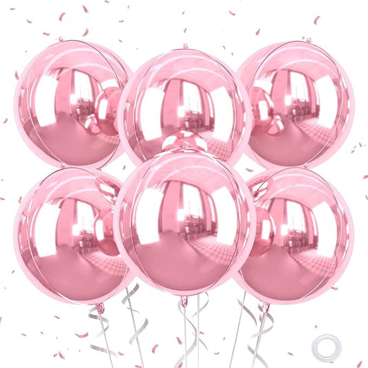 Giant 4D Pink Foil Balloons, 6Pcs Large Metallic Pink Round Balloons, 22 Inch Big Round Foil Balloon for Pink Birthday Party Baby Shower Wedding Decorations