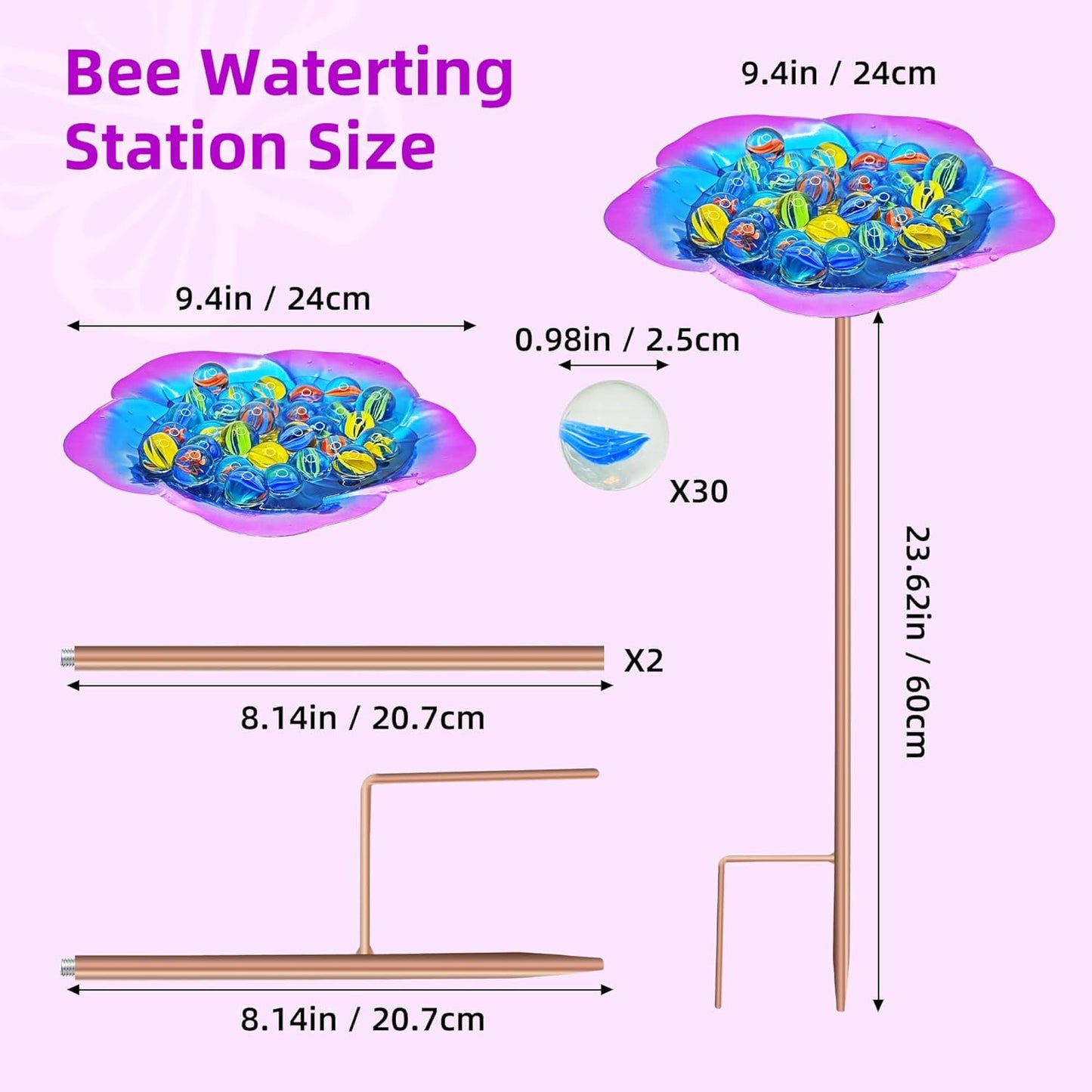 Bee Watering Station-Golden Purple Puddler Bee Bath & Feeder with Metal Stakes - 30 Glass Marbles, Vivid Flower Design, Garden Yard Decor (Purple-1PACK)
