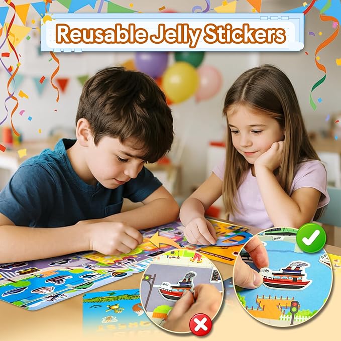 6 Pack Reusable Sticker Books for Kids, Waterproof Puffy Stickers - Toddler Travel Essential Quiet Time Activities Toys - Animal, Marine, Dinosaur, Traffic, Space and Organ (2-6 Age)