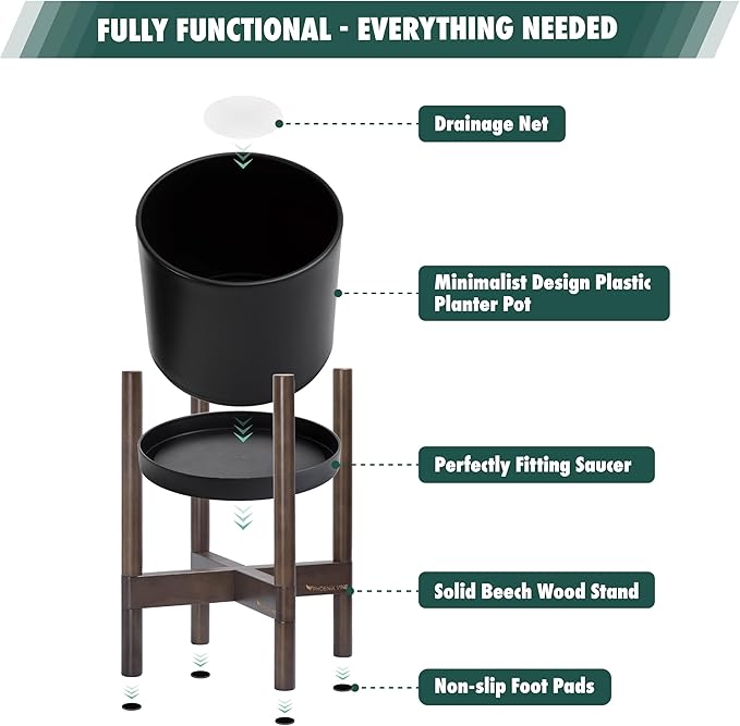 D'vine Dev Planter Pot with Stand - 10 Inch Plastic Cylinder Flower Pot with Wood Planter Holder for Indoor, Matte Black Pot + Walnut Color Stand, 55-C-L-2