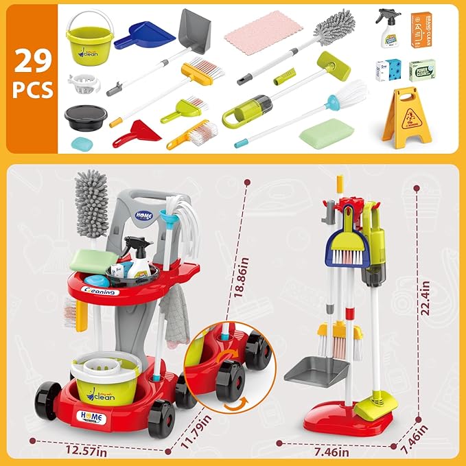 Kids Cleaning Set for Toddlers Pretend Play Housekeeping Supplies Kits with Real Working Vacuum Cleaner, Broom, Spray Bottle, Dust Pan and More Role Play Educational Toys for Toddler Boys Girls (Red)