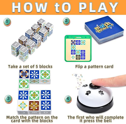 Wooden Matching Game Puzzle Games, Pattern Block Match Puzzles Building Cubes with Bell for Kids and Adults Toys Board Games for Family Night