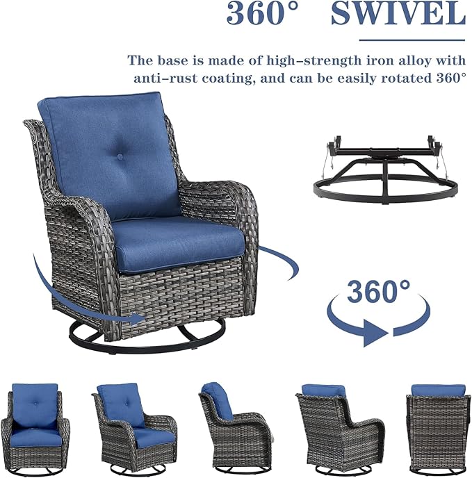 Wicker Patio Furniture Sets - 8 Piece Rattan Outdoor Furniture Conversation Sets with 4 Swivel Rocker Chairs, Rattan Sofa, Wicker Ottomans and Coffee Table, Mixed Grey/Blue