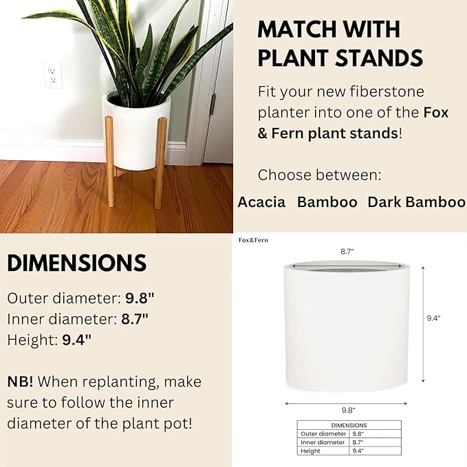 Fox & Fern 10 Inch Plant Pot with Drainage Plug — Premium Lightweight Fiberstone Matte White Planter; Indoor & Outdoor Planter; 10 Inch Pots for Plants; Weather Resistant & UV Resistant